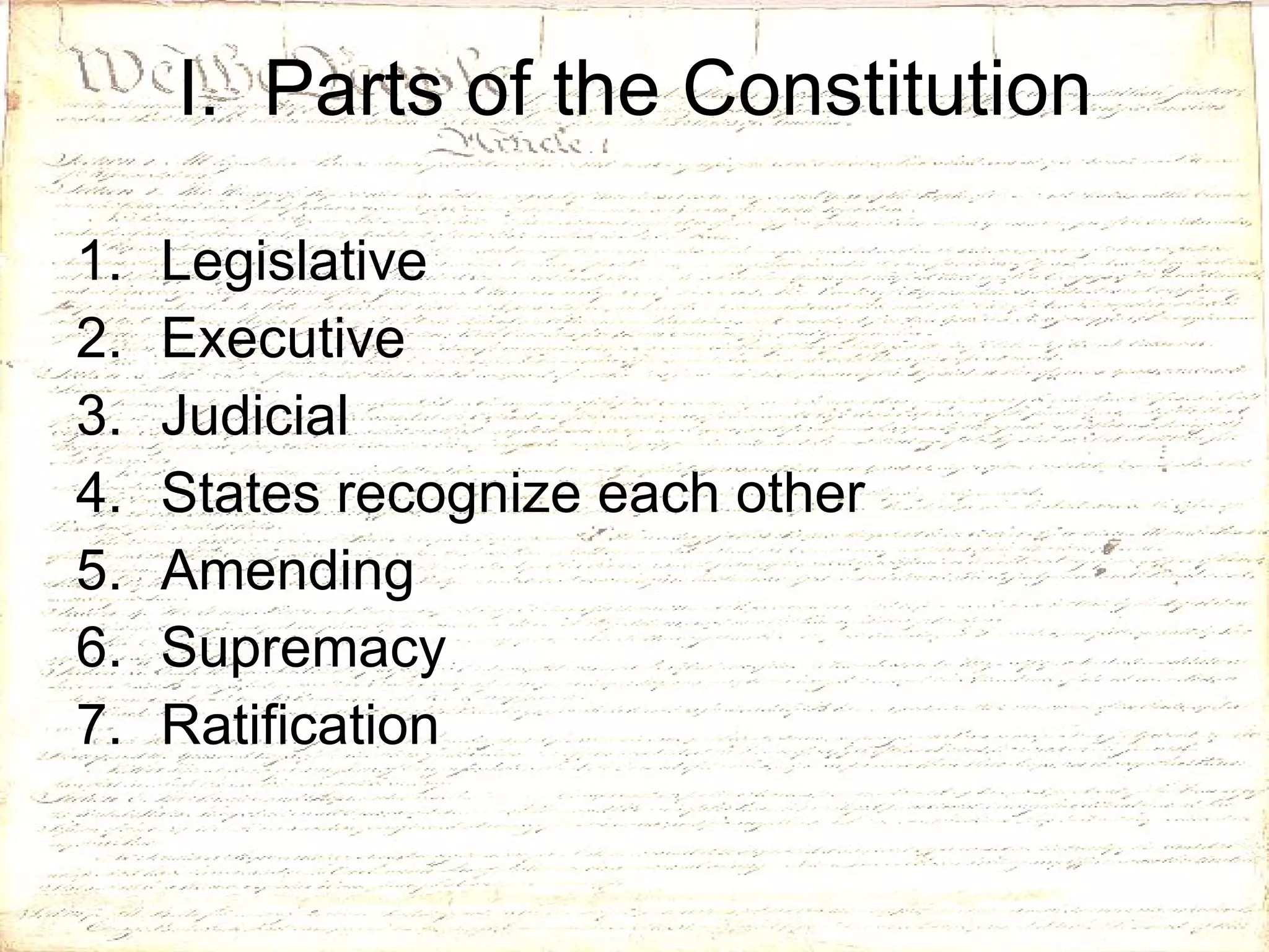 I.  Parts of the Constitution Legislative Executive Judicial States recognize each other Amending Supremacy  Ratification 