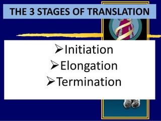 THE 3 STAGES OF TRANSLATION
Initiation
Elongation
Termination
 