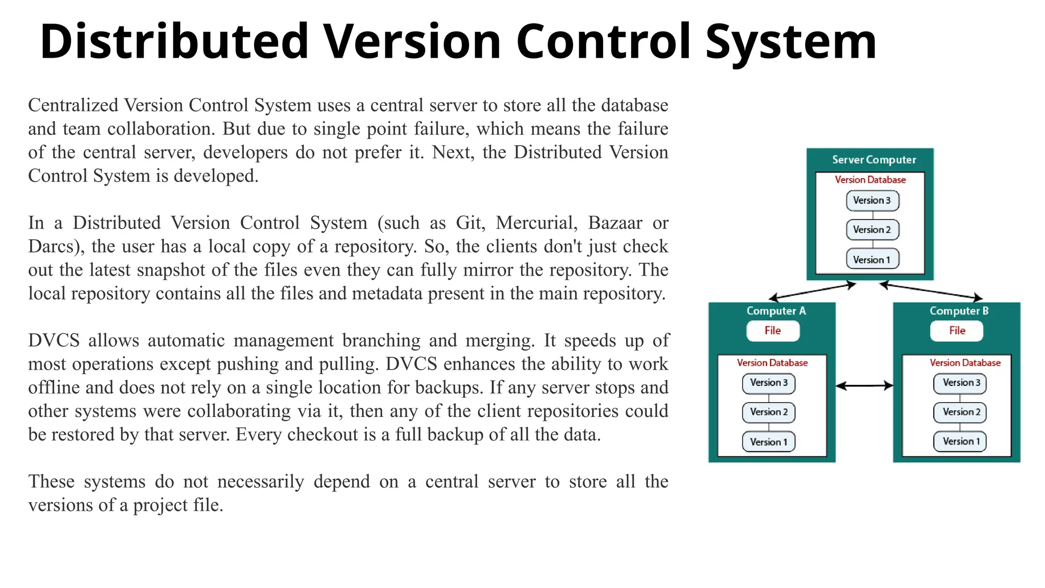 Distributed Version Control System Centralized Version Control System uses a central server to store all the database and team collaboration. But due to single point failure, which means the failure of the central server, developers do not prefer it. Next, the Distributed Version Control System is developed. In a Distributed Version Control System (such as Git, Mercurial, Bazaar or Darcs), the user has a local copy of a repository. So, the clients don't just check out the latest snapshot of the files even they can fully mirror the repository. The local repository contains all the files and metadata present in the main repository. DVCS allows automatic management branching and merging. It speeds up of most operations except pushing and pulling. DVCS enhances the ability to work offline and does not rely on a single location for backups. If any server stops and other systems were collaborating via it, then any of the client repositories could be restored by that server. Every checkout is a full backup of all the data. These systems do not necessarily depend on a central server to store all the versions of a project file. 