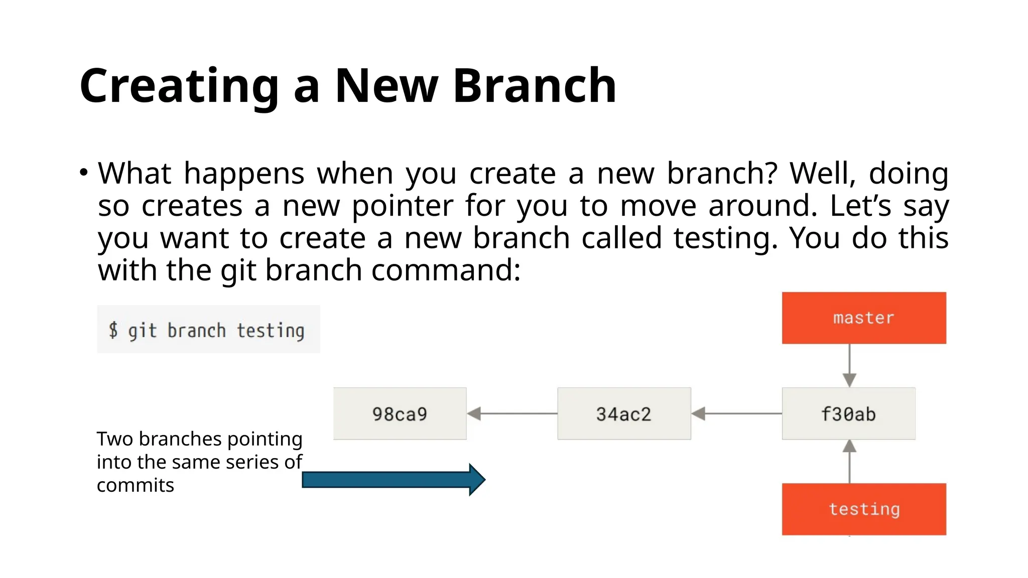 Creating a New Branch • What happens when you create a new branch? Well, doing so creates a new pointer for you to move around. Let’s say you want to create a new branch called testing. You do this with the git branch command: Two branches pointing into the same series of commits 