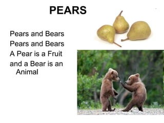 PEARS Pears and Bears Pears and Bears A Pear is a Fruit  and a Bear is an Animal 