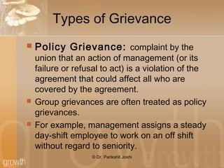 Types of Grievance
 Policy Grievance: complaint by the
union that an action of management (or its
failure or refusal to act) is a violation of the
agreement that could affect all who are
covered by the agreement.
 Group grievances are often treated as policy
grievances.
 For example, management assigns a steady
day-shift employee to work on an off shift
without regard to seniority.
© Dr. Parikshit Joshi
 