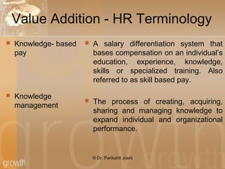 Value Addition - HR Terminology
 Knowledge- based
pay
 Knowledge
management
 A salary differentiation system that
bases compensation on an individual’s
education, experience, knowledge,
skills or specialized training. Also
referred to as skill based pay.
 The process of creating, acquiring,
sharing and managing knowledge to
expand individual and organizational
performance.
© Dr. Parikshit Joshi
 