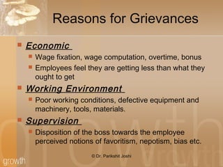 Reasons for Grievances
 Economic
 Wage fixation, wage computation, overtime, bonus
 Employees feel they are getting less than what they
ought to get
 Working Environment
 Poor working conditions, defective equipment and
machinery, tools, materials.
 Supervision
 Disposition of the boss towards the employee
perceived notions of favoritism, nepotism, bias etc.
© Dr. Parikshit Joshi
 