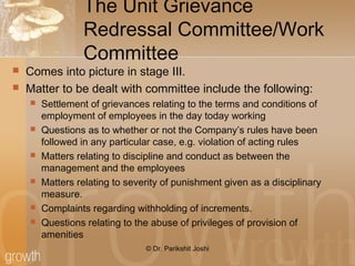 The Unit Grievance
Redressal Committee/Work
Committee
 Comes into picture in stage III.
 Matter to be dealt with committee include the following:
 Settlement of grievances relating to the terms and conditions of
employment of employees in the day today working
 Questions as to whether or not the Company’s rules have been
followed in any particular case, e.g. violation of acting rules
 Matters relating to discipline and conduct as between the
management and the employees
 Matters relating to severity of punishment given as a disciplinary
measure.
 Complaints regarding withholding of increments.
 Questions relating to the abuse of privileges of provision of
amenities
© Dr. Parikshit Joshi
 