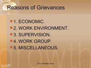 Reasons of Grievances
 1. ECONOMIC.
 2. WORK ENVIRONMENT.
 3. SUPERVISION.
 4. WORK GROUP.
 5. MISCELLANEOUS.
© Dr. Parikshit Joshi
 