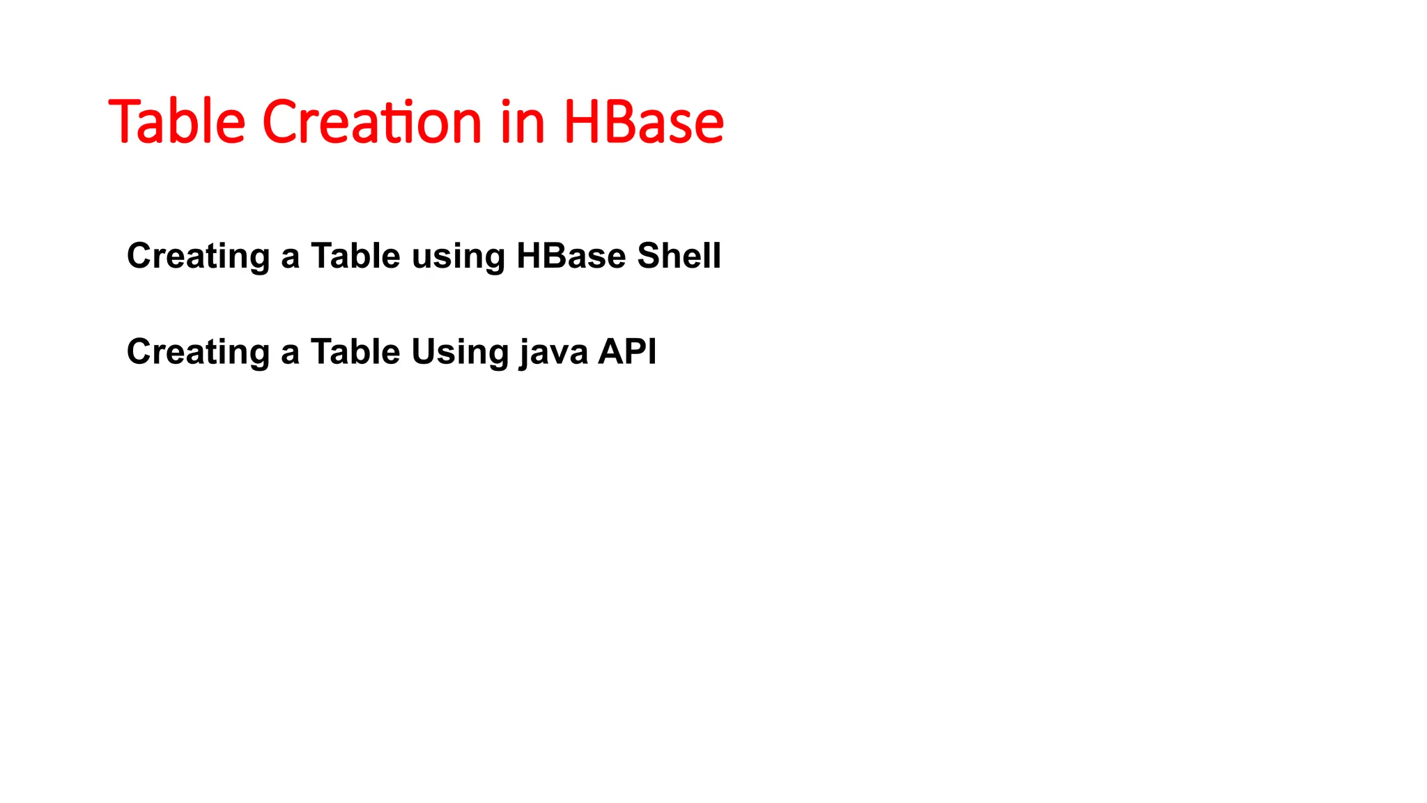 Table Creation in HBase
Creating a Table using HBase Shell
Creating a Table Using java API
 