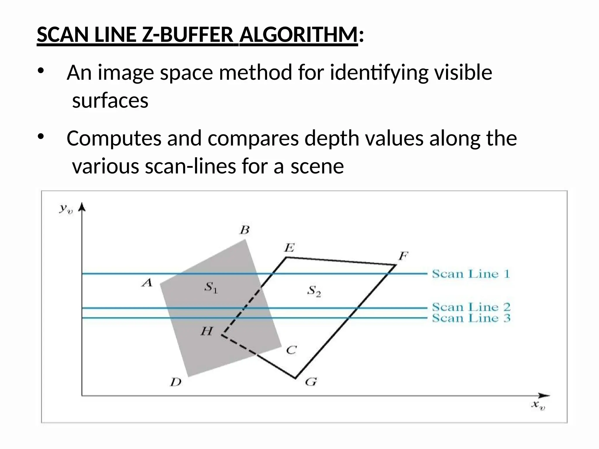 SCAN LINE Z-BUFFER ALGORITHM:
• An image space method for identifying visible
surfaces
• Computes and compares depth values along the
various scan-lines for a scene
 