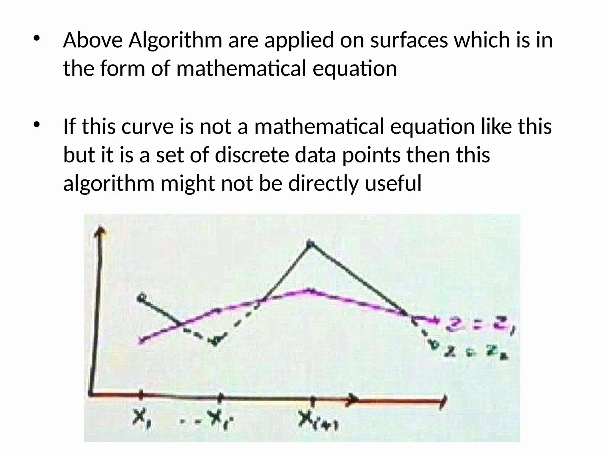 • Above Algorithm are applied on surfaces which is in
the form of mathematical equation
• If this curve is not a mathematical equation like this
but it is a set of discrete data points then this
algorithm might not be directly useful
 