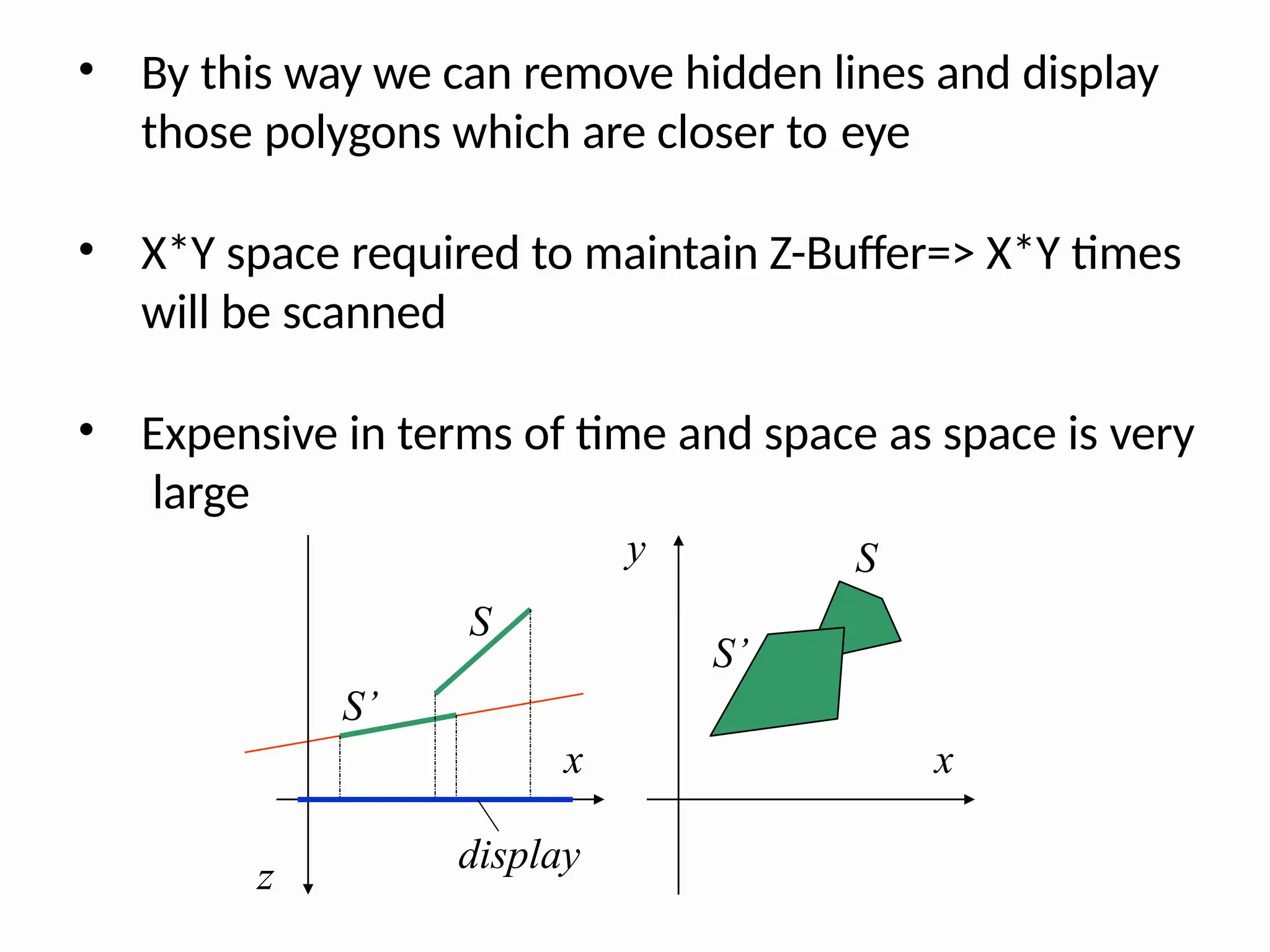 • By this way we can remove hidden lines and display
those polygons which are closer to eye
• X*Y space required to maintain Z-Buffer=> X*Y times
will be scanned
• Expensive in terms of time and space as space is very
large
x
z
display
S
S’
x
y S
S’
 