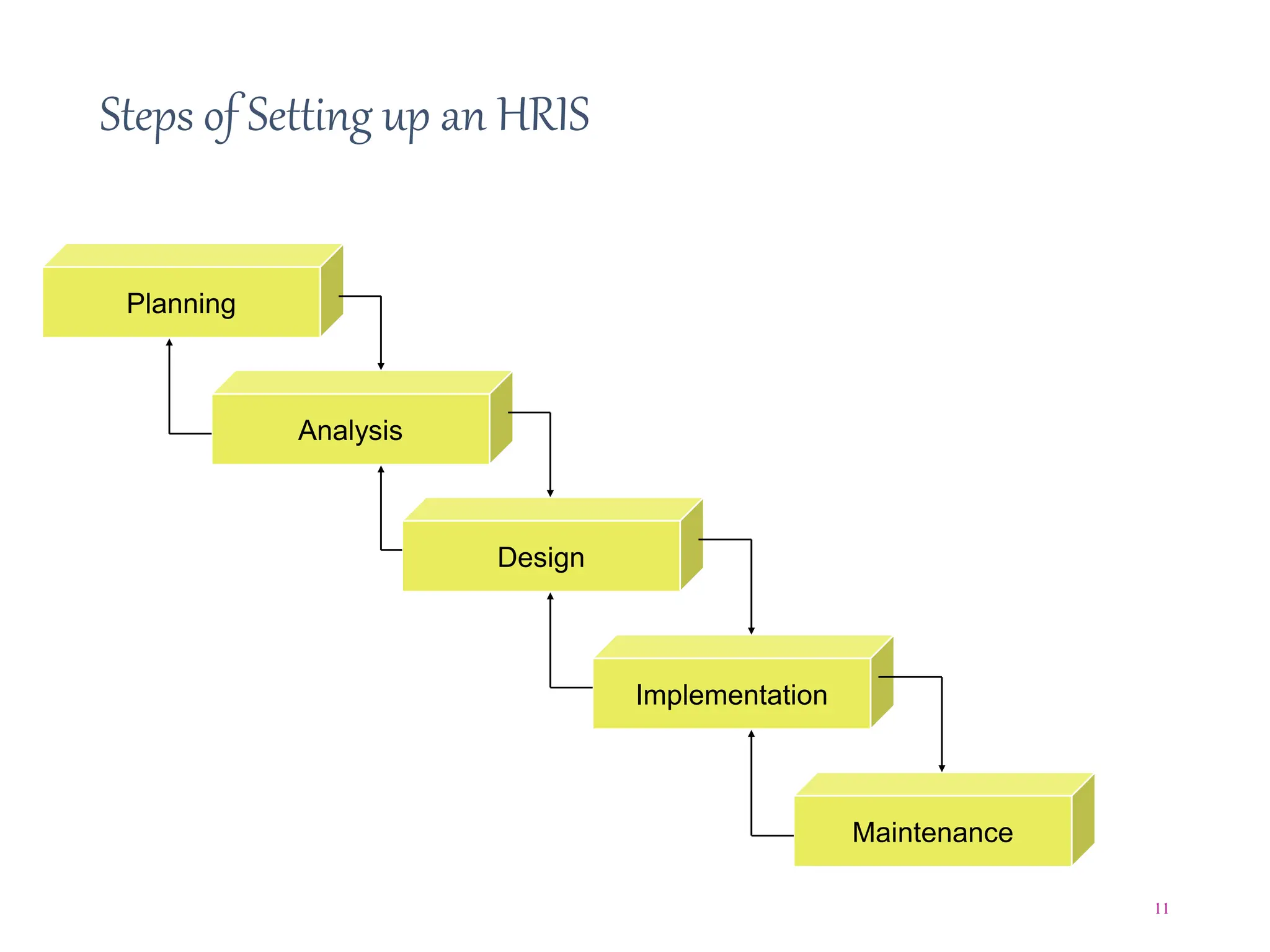 Steps of Setting up an HRIS
11
Planning
Design
Analysis
Implementation
Maintenance
 
