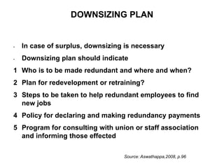 DOWNSIZING PLAN
• In case of surplus, downsizing is necessary
• Downsizing plan should indicate
1 Who is to be made redundant and where and when?
2 Plan for redevelopment or retraining?
3 Steps to be taken to help redundant employees to find
new jobs
4 Policy for declaring and making redundancy payments
5 Program for consulting with union or staff association
and informing those effected
Source: Aswathappa,2008, p.96
 