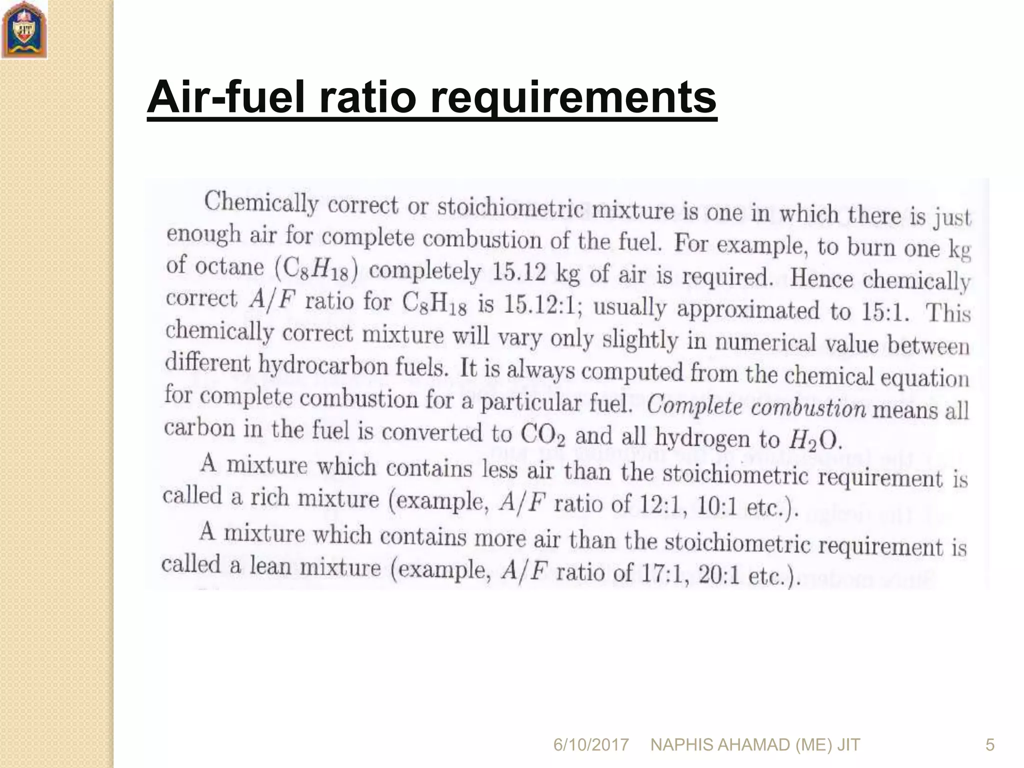 Air-fuel ratio requirements
6/10/2017 NAPHIS AHAMAD (ME) JIT 5
 