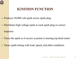 6/10/2017 NAPHIS AHAMAD (ME) JIT 37
IGNITION FUNCTION
 Produces 30,000 volt spark across spark plug
 Distributes high voltage spark to each spark plug in correct
sequence
 Times the spark so it occurs as piston is nearing top dead center
 Varies spark timing with load, speed, and other conditions
 