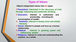 Types of Values

Allport categorized values into six types
Theoretical: Interested in the discovery of truth
through reasoning and systematic thinking.
 Economic: Interest in usefulness and
practicality, including the
accumulation of wealth.
 Aesthetic: Interest in beauty, form and artistic
harmony
 Social: Interest in people and love as a human
relationship.
 Political: Interest in graining power and
influencing people.
 Religious: Interest in unity and understanding the
cosmos as a whole
 