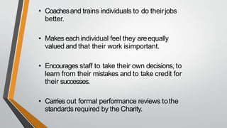 • Coachesand trains individuals to do theirjobs
better.
• Makes eachindividual feel they areequally
valued and that their work isimportant.
• Encourages staff to take their own decisions, to
learn from their mistakes and to take credit for
their successes.
• Carries out formal performance reviews tothe
standards required by the Charity.
 