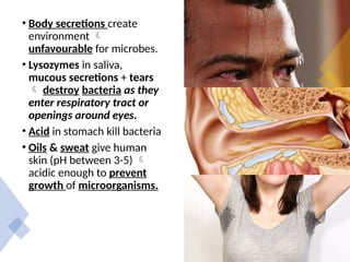 • Body secretions create
environment 
unfavourable for microbes.
• Lysozymes in saliva,
mucous secretions + tears
 destroy bacteria as they
enter respiratory tract or
openings around eyes.
• Acid in stomach kill bacteria
• Oils & sweat give human
skin (pH between 3-5) 
acidic enough to prevent
growth of microorganisms.
 