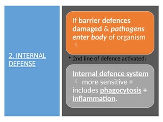 2. INTERNAL
DEFENSE
If barrier defences
damaged & pathogens
enter body of organism

• 2nd line of defence activated:
Internal defence system
 more sensitive +
includes phagocytosis +
inflammation.
 