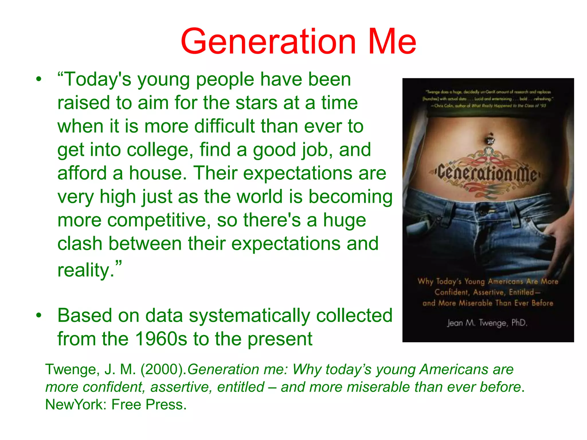 Net GenerationChildren of baby boomersDigital technology has had a profound impact on their personalities, including their attitudes and approach to learningGeneration gap has become a generation lapBased on web-based surveys circulated on social networking websitesTapscott, D. (1997). Growing up digital: The rise of the net generation. New York: McGraw Hill.