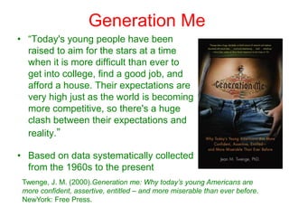 Net GenerationChildren of baby boomersDigital technology has had a profound impact on their personalities, including their attitudes and approach to learningGeneration gap has become a generation lapBased on web-based surveys circulated on social networking websitesTapscott, D. (1997). Growing up digital: The rise of the net generation. New York: McGraw Hill.
