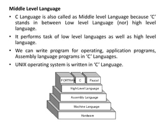 Middle Level Language
• C Language is also called as Middle level Language because ‘C’
stands in between Low level Language (nor) high level
language.
• It performs task of low level languages as well as high level
language.
• We can write program for operating, application programs,
Assembly language programs in ‘C’ Languages.
• UNIX operating system is written in ‘C’ Language.
 