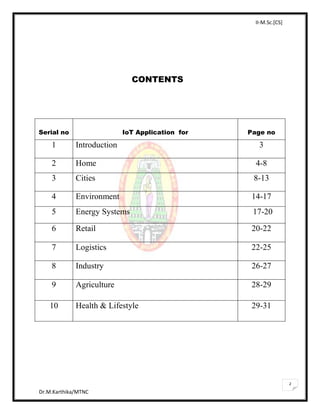 II-M.Sc.[CS]
Dr.M.Karthika/MTNC
2
CONTENTS
Serial no IoT Application for Page no
1 Introduction 3
2 Home 4-8
3 Cities 8-13
4 Environment 14-17
5 Energy Systems 17-20
6 Retail 20-22
7 Logistics 22-25
8 Industry 26-27
9 Agriculture 28-29
10 Health & Lifestyle 29-31
 