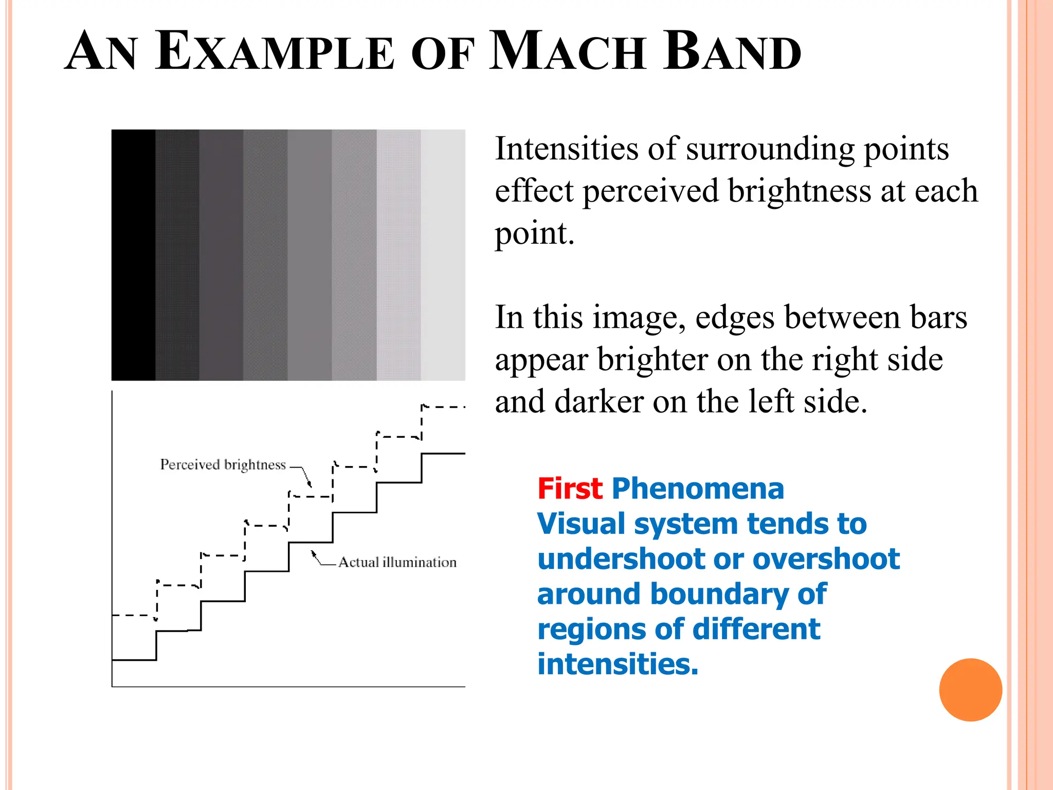 AN EXAMPLE OF MACH BAND
First Phenomena
Visual system tends to
undershoot or overshoot
around boundary of
regions of different
intensities.
Intensities of surrounding points
effect perceived brightness at each
point.
In this image, edges between bars
appear brighter on the right side
and darker on the left side.
 