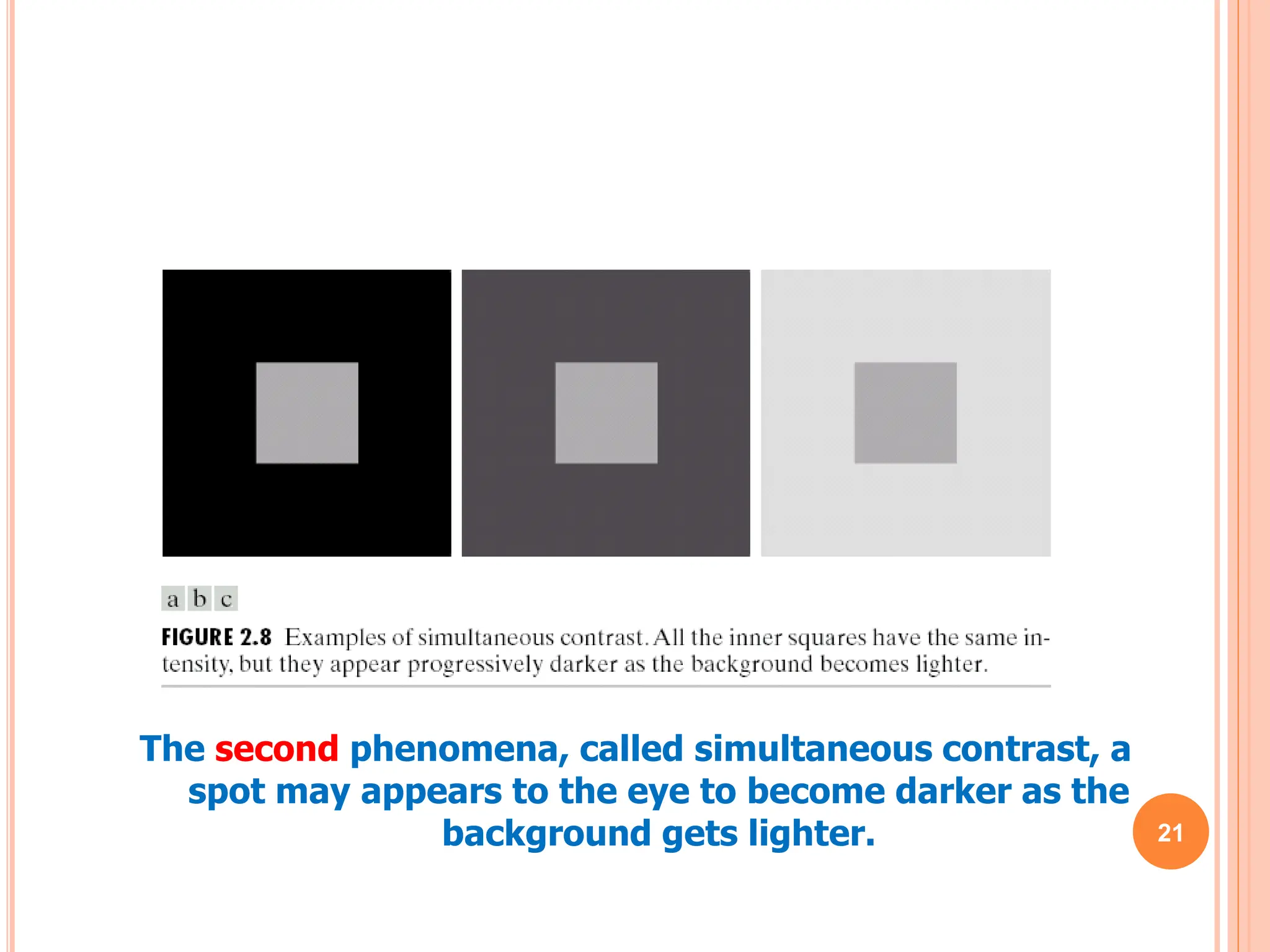 21
The second phenomena, called simultaneous contrast, a
spot may appears to the eye to become darker as the
background gets lighter.
 