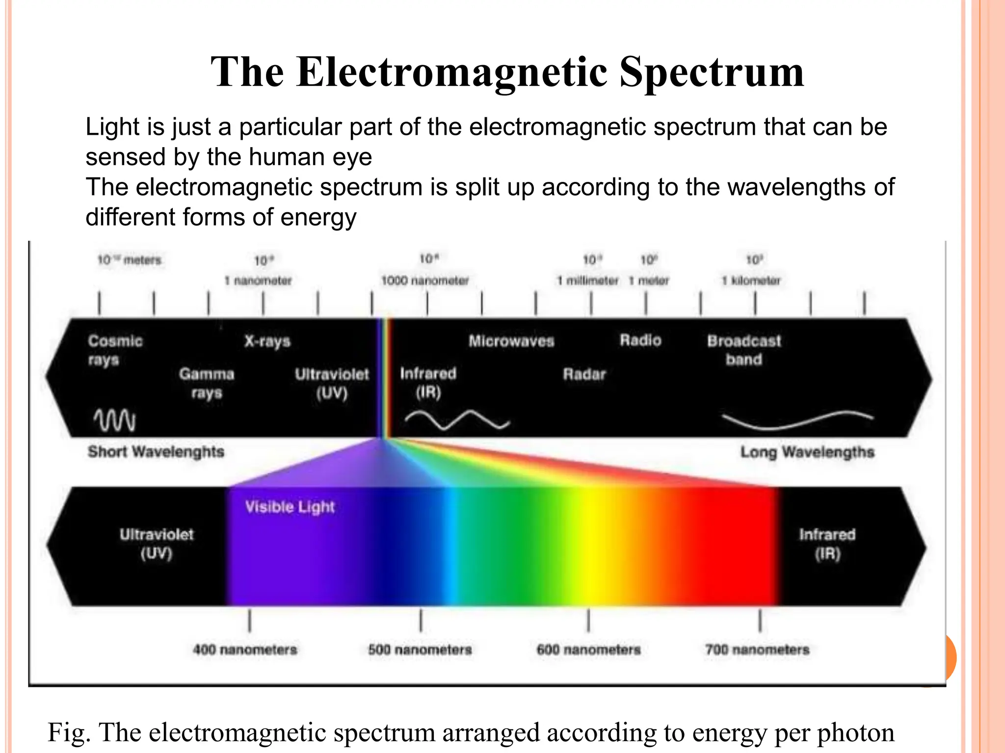 Fig. The electromagnetic spectrum arranged according to energy per photon
The Electromagnetic Spectrum
32
Light is just a particular part of the electromagnetic spectrum that can be
sensed by the human eye
The electromagnetic spectrum is split up according to the wavelengths of
different forms of energy
 