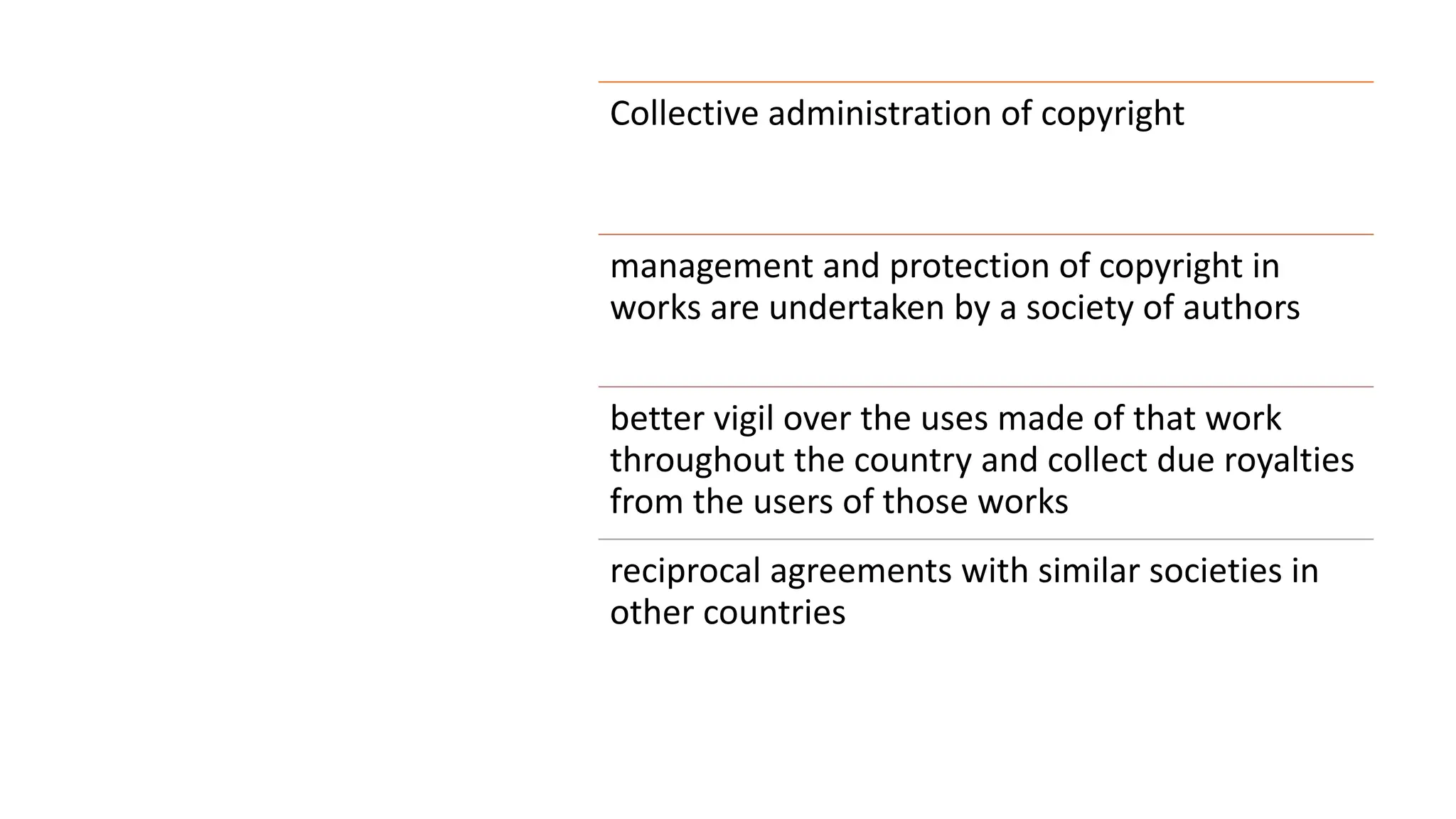 Concept of
Copyright
Societies
Collective administration of copyright
management and protection of copyright in
works are undertaken by a society of authors
better vigil over the uses made of that work
throughout the country and collect due royalties
from the users of those works
reciprocal agreements with similar societies in
other countries
 