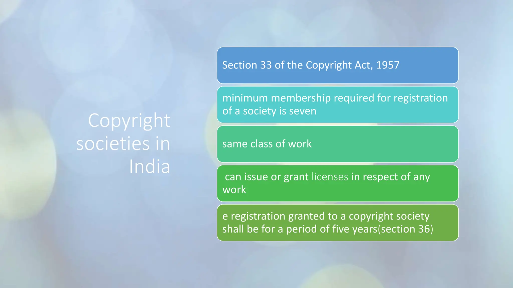Copyright
societies in
India
Section 33 of the Copyright Act, 1957
minimum membership required for registration
of a society is seven
same class of work
can issue or grant licenses in respect of any
work
e registration granted to a copyright society
shall be for a period of five years(section 36)
 