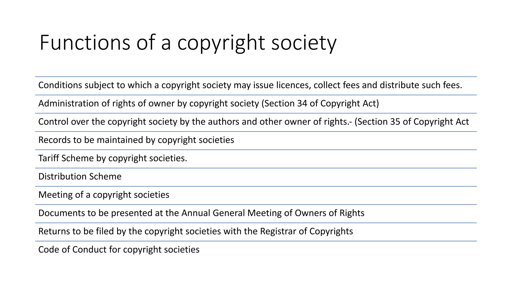 Functions of a copyright society
Conditions subject to which a copyright society may issue licences, collect fees and distribute such fees.
Administration of rights of owner by copyright society (Section 34 of Copyright Act)
Control over the copyright society by the authors and other owner of rights.‐ (Section 35 of Copyright Act
Records to be maintained by copyright societies
Tariff Scheme by copyright societies.
Distribution Scheme
Meeting of a copyright societies
Documents to be presented at the Annual General Meeting of Owners of Rights
Returns to be filed by the copyright societies with the Registrar of Copyrights
Code of Conduct for copyright societies
 