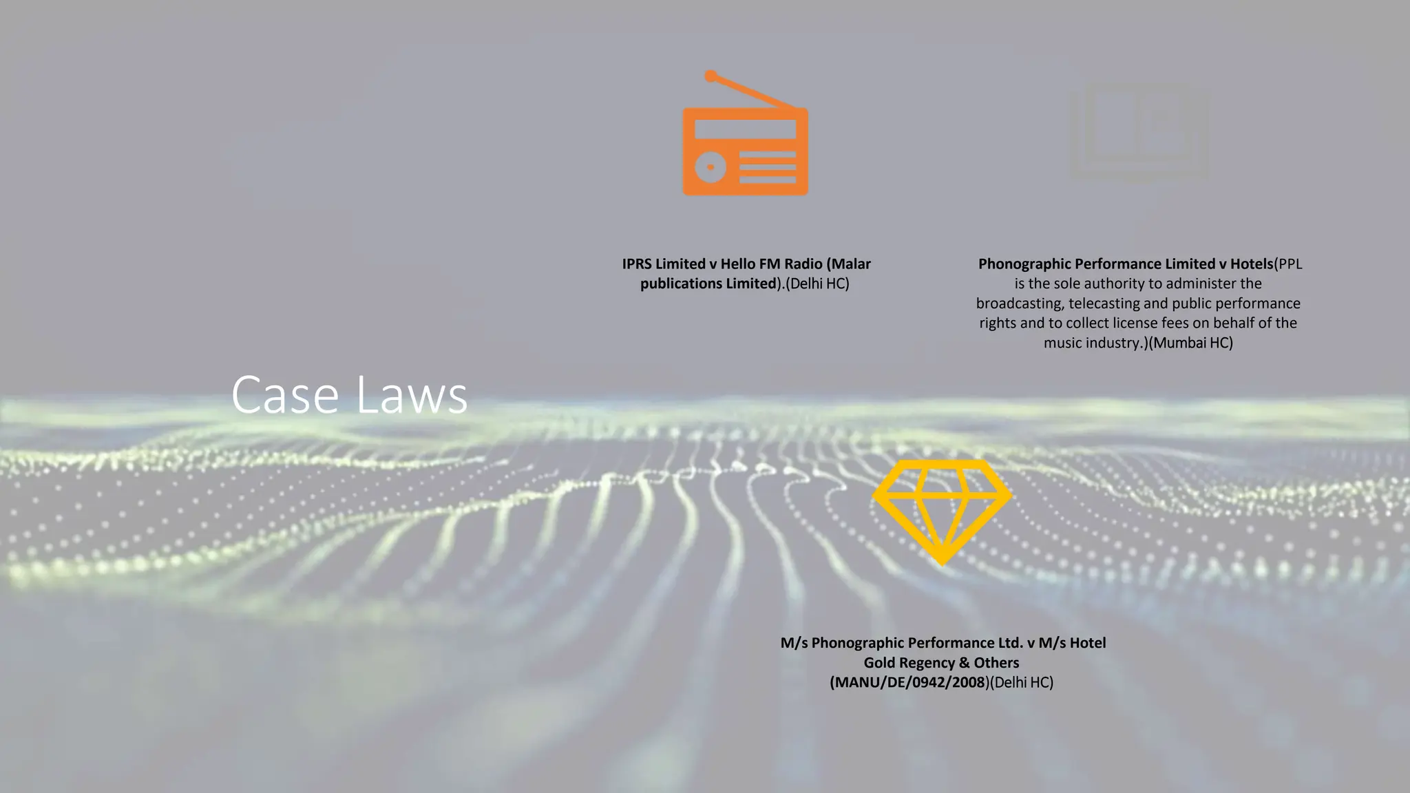 Case Laws
IPRS Limited v Hello FM Radio (Malar
publications Limited).(Delhi HC)
Phonographic Performance Limited v Hotels(PPL
is the sole authority to administer the
broadcasting, telecasting and public performance
rights and to collect license fees on behalf of the
music industry.)(Mumbai HC)
M/s Phonographic Performance Ltd. v M/s Hotel
Gold Regency & Others
(MANU/DE/0942/2008)(Delhi HC)
 