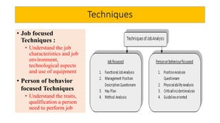 Techniques
• Job focused
Techniques :
• Understand the job
characteristics and job
environment,
technological aspects
and use of equipment
• Person of behavior
focused Techniques
• Understand the traits,
qualification a person
need to perform job
 