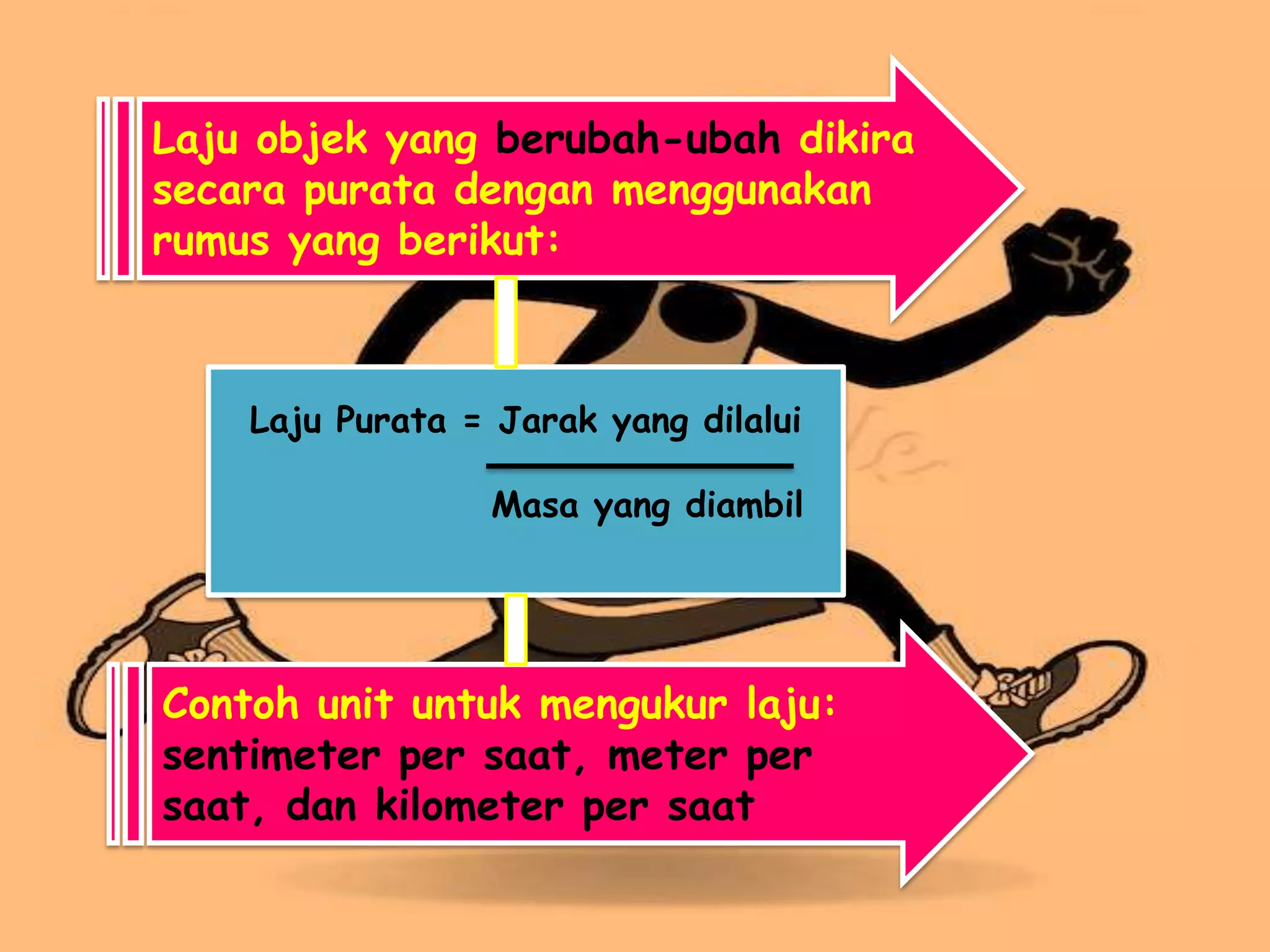 Laju objek yang berubah-ubah dikira
secara purata dengan menggunakan
rumus yang berikut:



    Laju Purata = Jarak yang dilalui

                 Masa yang diambil




Contoh unit untuk mengukur laju:
sentimeter per saat, meter per
saat, dan kilometer per saat
 