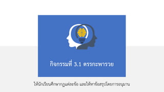 กิจกรรมที่ 3.1 ตรรกะพารวย
ให้นักเรียนศึกษากฏแต่ละข้อ และให้หาข้อสรุปโึϸการอȨมาน
 