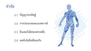 หัวข้อ
ปัญญาประดิษฐ์
2.1
การประมวลผลแบบคลาวด์
2.2
อินเทอร์เน็ตของสรรพสิ่ง
2.3
เทคโนโลยีเสมือนจริง
2.4
 