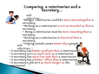 Comparing  a veterinarian and a secretary… Being a  veterinarian could be  more interesting than  a secretary. Working as a veterinarian  is not as stressful as than  a secretary. Being a veterinarian must be  more rewarding than  a secretary. Working as a veterinarian is  less tired than  a secretary. Helping animals seems  better than  people. A secretary has  better comforts than  a veterinarian. A secretary isn’t  as much work as  a veterinarian. A secretary has  more free time than  a veterinarian. A secretary has a  better  office than  a veterinarian. A secretary’s job isn´t  as much danger as  the veterinarian. with adjectives… with adjectives… 