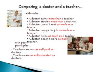 Comparing  a doctor and a teacher… with verbs… A doctor earns  more than  a teacher. A doctor studies  more than  a teacher. A doctor doesn´t rest  as much as  a teacher. A doctor enjoys his job  as much as  a teacher. A doctor helps  as much as  a teacher. A doctor doesn´t work  as much  as  a teacher. with past participles… Teachers are not  as well paid as  doctors. Teachers are  as well educated as  doctors. 