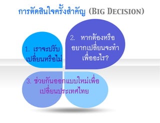 การตัดสินใจครั้งสำคัญ (Big Decision)
1. เราจะปรับ
เปลี่ยนหรือไม่
2. หากต้องหรือ
อยากเปลี่ยนจะทำ
เพื่ออะไร?
3. ช่วยกันออกแบบใหม่เพื่อ
เปลี่ยนประเทศไทย
 