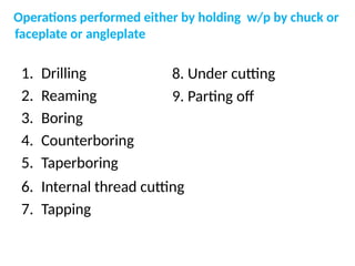 Operations performed either by holding w/p by chuck or
faceplate or angleplate
1. Drilling
2. Reaming
3. Boring
4. Counterboring
5. Taperboring
6. Internal thread cutting
7. Tapping
8. Under cutting
9. Parting off
 
