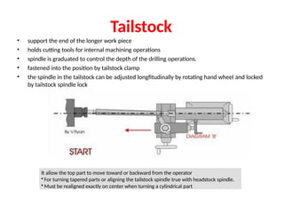 Tailstock
• support the end of the longer work piece
• holds cutting tools for internal machining operations
• spindle is graduated to control the depth of the drilling operations.
• fastened into the position by tailstock clamp
• the spindle in the tailstock can be adjusted longfitudinally by rotating hand wheel and locked
by tailstock spindle lock
It allow the top part to move toward or backward from the operator
• For turning tapered parts or aligning the tailstock spindle true with headstock spindle.
• Must be realigned exactly on center when turning a cylindrical part
 