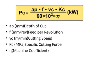 • ap (mm)Depth of Cut
• f (mm/rev)Feed per Revolution
• vc (m/min)Cutting Speed
• Kc (MPa)Specific Cutting Force
• η(Machine Coefficient)
 