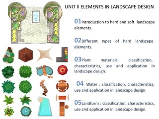 UNIT II ELEMENTS IN LANDSCAPE DESIGN
01Introduction to hard and soft landscape
elements.
02Different types of hard landscape
elements.
03Plant materials: classification,
characteristics, use and application in
landscape design.
04 Water : classification, characteristics,
use and application in landscape design.
05Landform : classification, characteristics,
use and application in landscape design.
 
