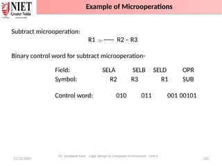 11/12/2024 122
Subtract microoperation:
R1 ----- R2 – R3
Binary control word for subtract microoperation-
Field: SELA SELB SELD OPR
Symbol: R2 R3 R1 SUB
Control word: 010 011 001 00101
Dr. Sarabjeet Kaur Logic Design & Computer Architecture Unit 2
Example of Microoperations
 