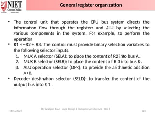 11/12/2024 123
• The control unit that operates the CPU bus system directs the
information flow through the registers and ALU by selecting the
various components in the system. For example, to perform the
operation
• R1 <--R2 + R3. The control must provide binary selection variables to
the following selector inputs:
1. MUX A selector (SELA): to place the content of R2 into bus A .
2. MUX B selector (SELB): to place the content o f R 3 into bus B .
3. ALU operation selector (OPR): to provide the arithmetic addition
A+B.
• Decoder destination selector (SELD): to transfer the content of the
output bus into R 1 .
Dr. Sarabjeet Kaur Logic Design & Computer Architecture Unit 2
General register organization
 
