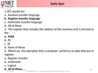 11/12/2024
157
Dr. Sarabjeet Kaur Logic Design & Computer Architecture Unit 2
1. RTL stands for:
a. Random transfer language
b. Register transfer language
c. Arithmetic transfer language
d. All of these
2. The register that includes the address of the memory unit is termed as
the :
a. MAR
b. PC
c. IR
d. None of these
3. Which are the operation that a computer performs on data that put in
register:
a. Register transfer
b. Arithmetic
c. Logical
d. All of these,,,,
Daily Quiz
 