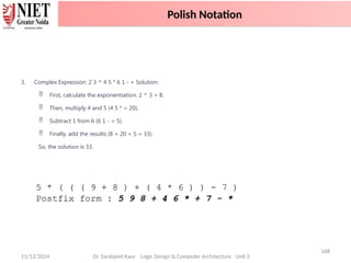 11/12/2024
168
Dr. Sarabjeet Kaur Logic Design & Computer Architecture Unit 2
3. Complex Expression: 2 3 ^ 4 5 * 6 1 - + Solution:
 First, calculate the exponentiation: 2 ^ 3 = 8.
 Then, multiply 4 and 5 (4 5 * = 20).
 Subtract 1 from 6 (6 1 - = 5).
 Finally, add the results (8 + 20 + 5 = 33).
So, the solution is 33.
Polish Notation
 