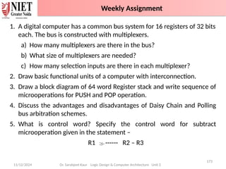 11/12/2024
173
Dr. Sarabjeet Kaur Logic Design & Computer Architecture Unit 2
1. A digital computer has a common bus system for 16 registers of 32 bits
each. The bus is constructed with multiplexers.
a) How many multiplexers are there in the bus?
b) What size of multiplexers are needed?
c) How many selection inputs are there in each multiplexer?
2. Draw basic functional units of a computer with interconnection.
3. Draw a block diagram of 64 word Register stack and write sequence of
microoperations for PUSH and POP operation.
4. Discuss the advantages and disadvantages of Daisy Chain and Polling
bus arbitration schemes.
5. What is control word? Specify the control word for subtract
microoperation given in the statement –
R1 ------ R2 – R3
Weekly Assignment
 