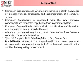 11/12/2024
186
Dr. Sarabjeet Kaur Logic Design & Computer Architecture Unit 2
• Computer Organization and Architecture provides in-depth knowledge
of internal working, structuring, and implementation of a computer
system
• Computer Architecture is concerned with the way hardware
components are connected together to form a computer system.
• Computer Organization is concerned with the structure and behaviour
of a computer system as seen by the user.
• A bus is a common pathway through which information flows from one
computer component to another.
• Types of Computer BUS: Data Bus ,Address Bus, Control Bus
• Bus Arbitration -It refers to the process by which the current bus master
accesses and then leaves the control of the bus and passes it to the
another bus requesting processor unit.
Recap of Unit
 